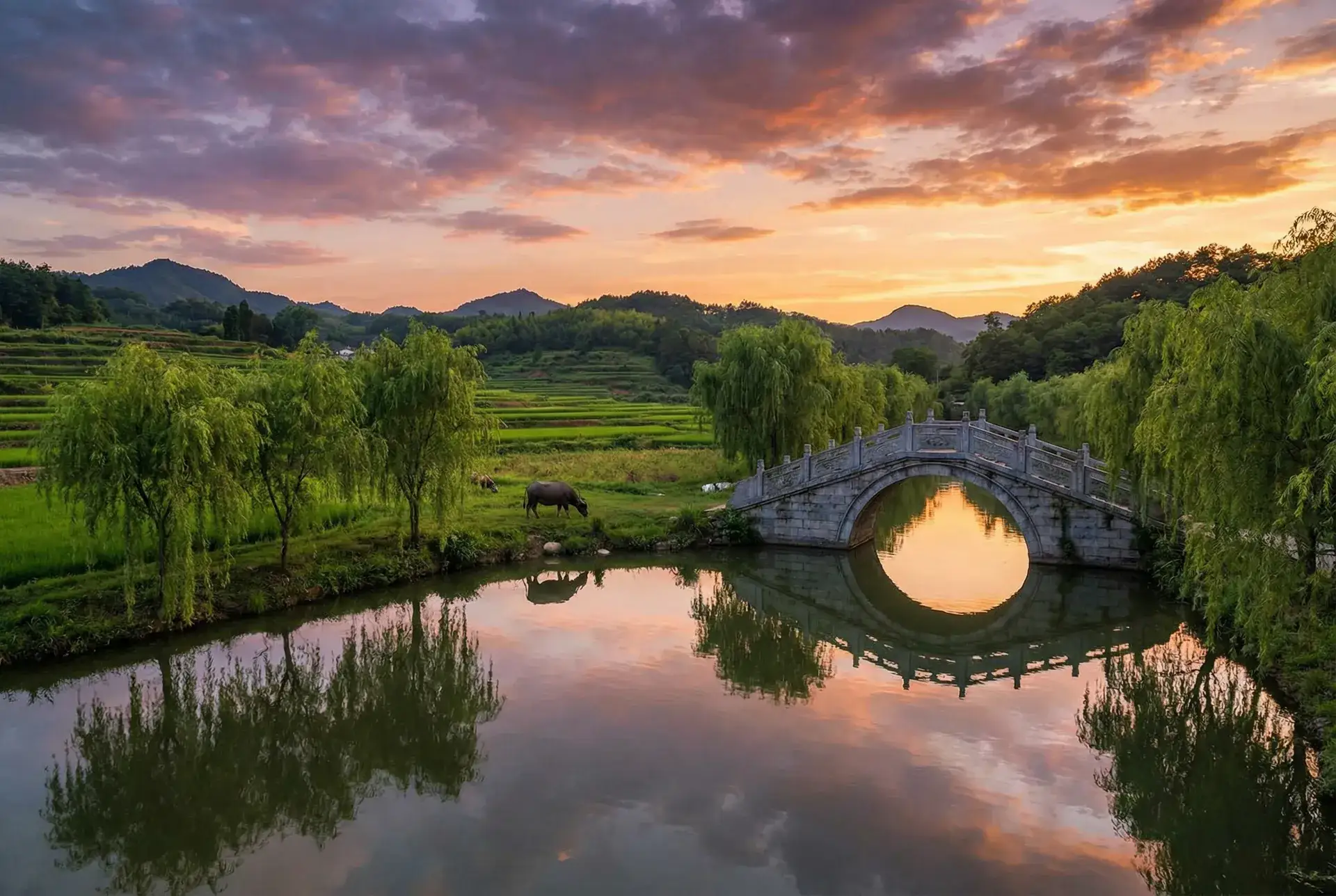 夕阳下的石拱桥与垂柳，水牛在河边吃草 - 捷克街头 钞能力无删减版 乡村美景